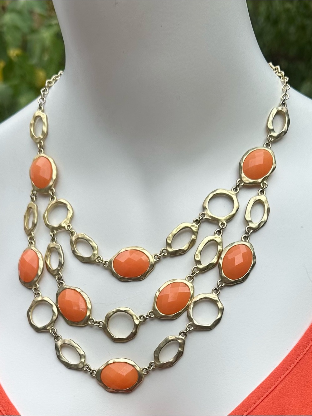 Gold Tone Orange Multi Layered Bib Necklace | adjustable 20-23" | G-1780